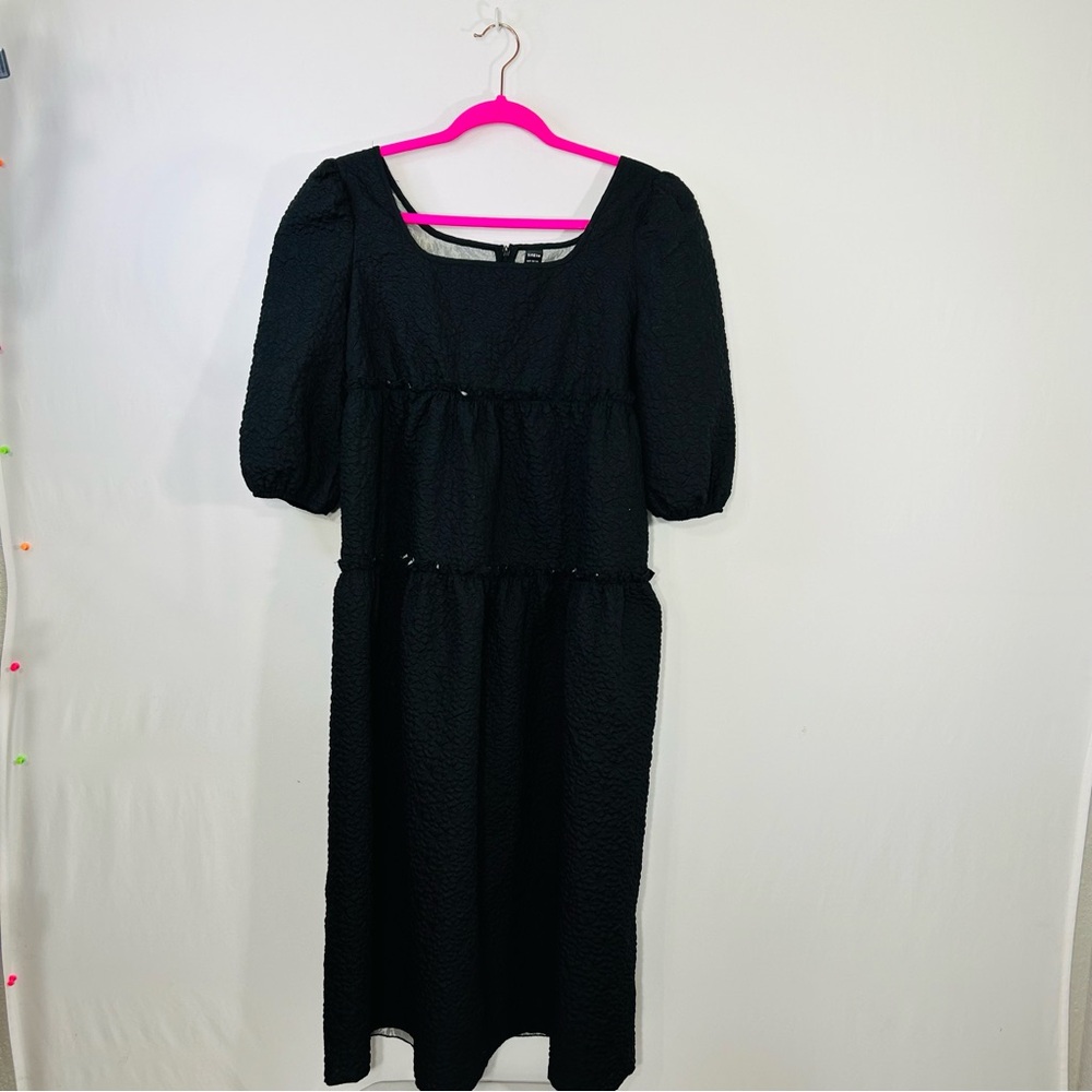 SHEIN Black Romantic Goth Witchy Grunge Puff Sleeve Textured Ruffle Dress Sz L